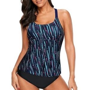 Stylish Women's Swim Tankini - Blue and Black